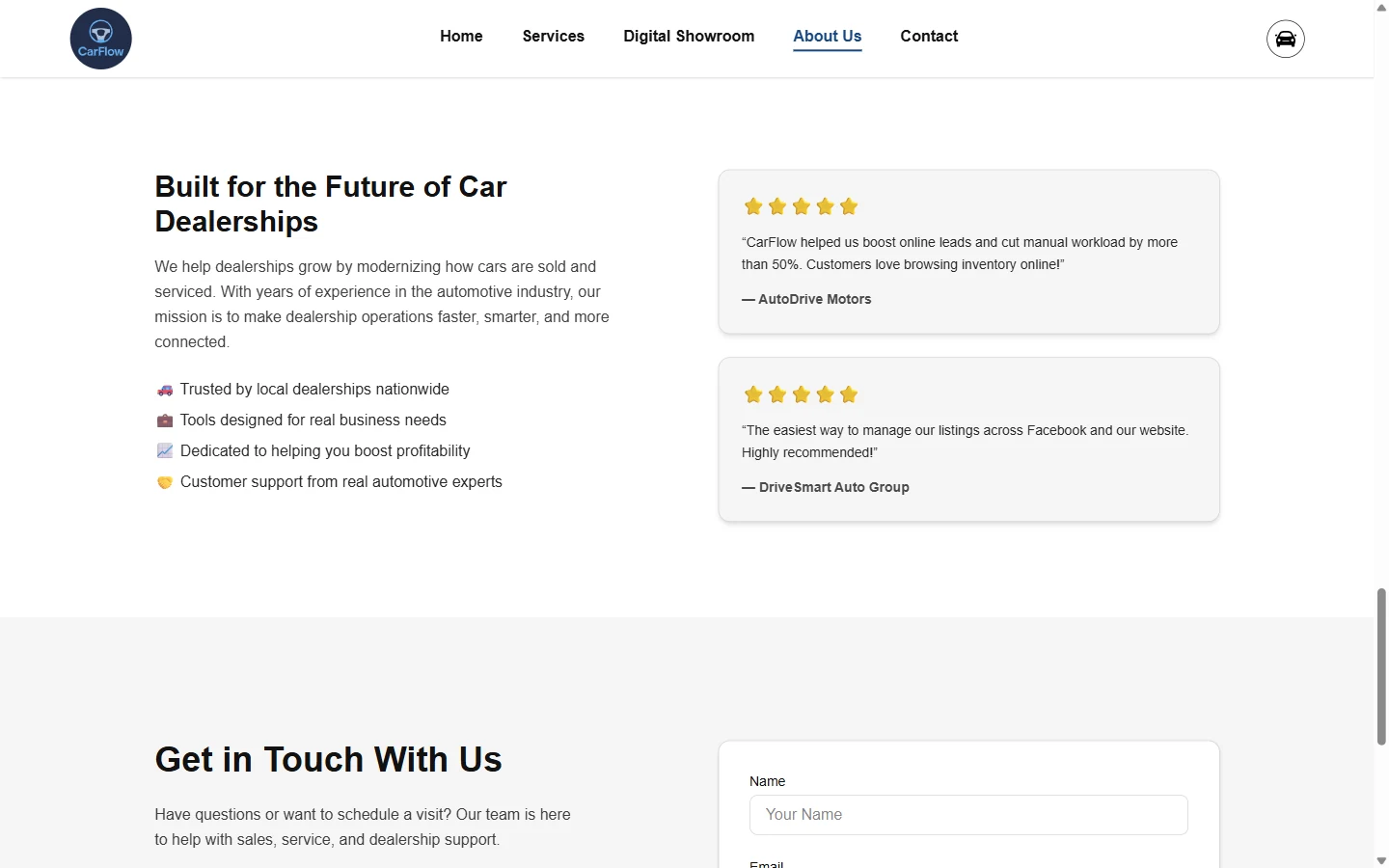 CarFlow Frontend: Dealership background and contact information in the closing sections.