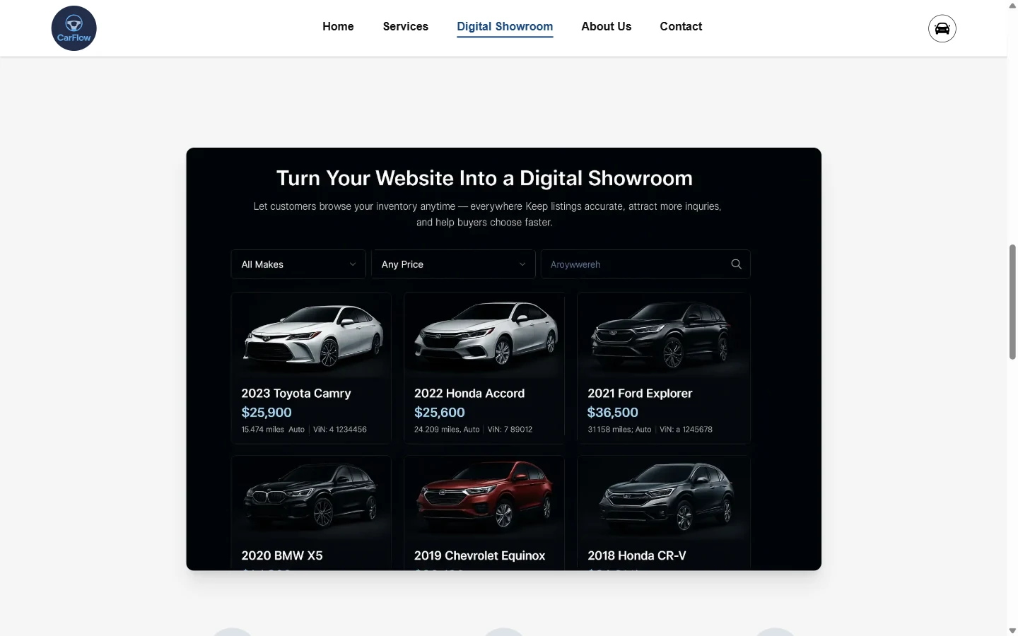 CarFlow Frontend: Vehicle cards organize the digital showroom for browsing.