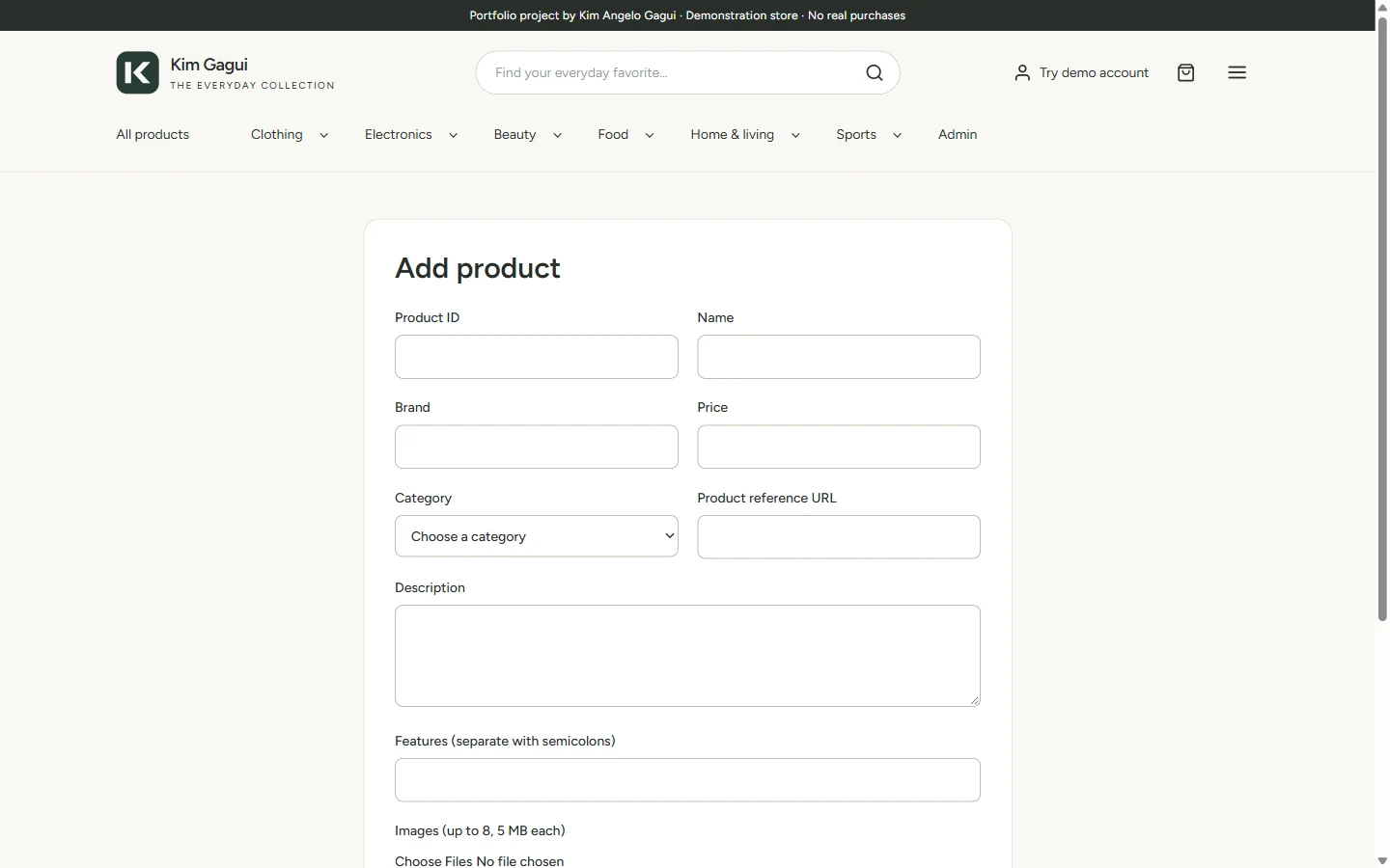 E-commerce Store & Admin: The form for adding a single product to the catalog.