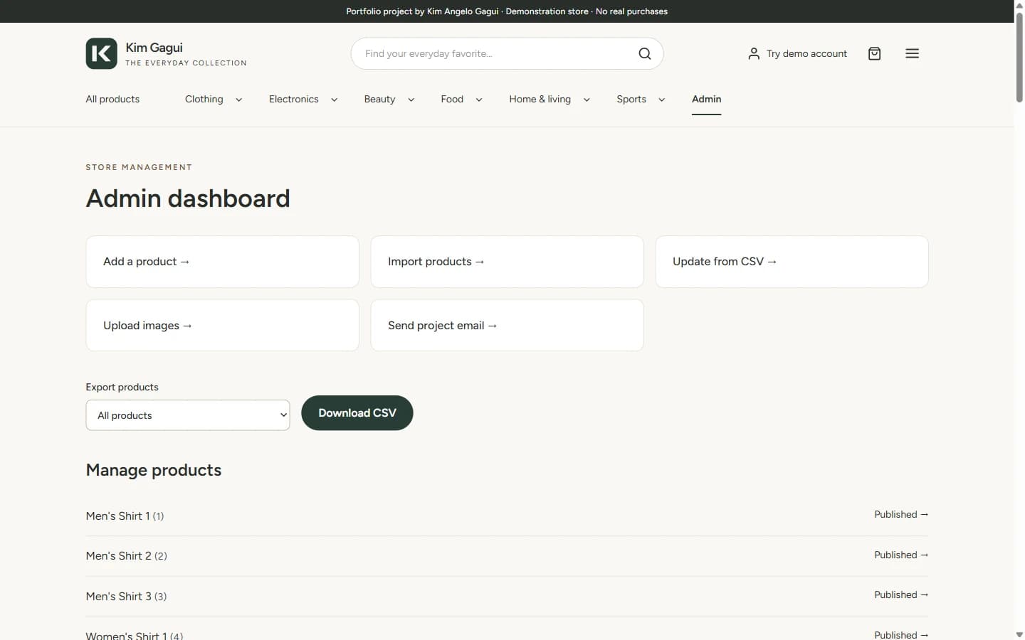 E-commerce Store & Admin: The admin workspace for managing products and catalog operations.