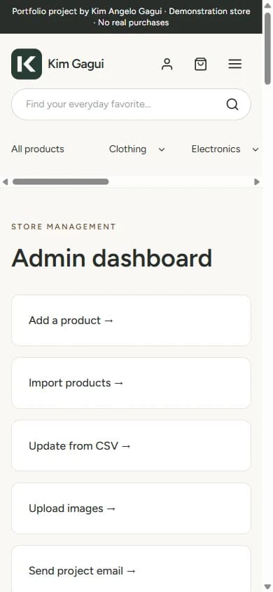 E-commerce Store & Admin: Catalog administration on a phone-sized screen.