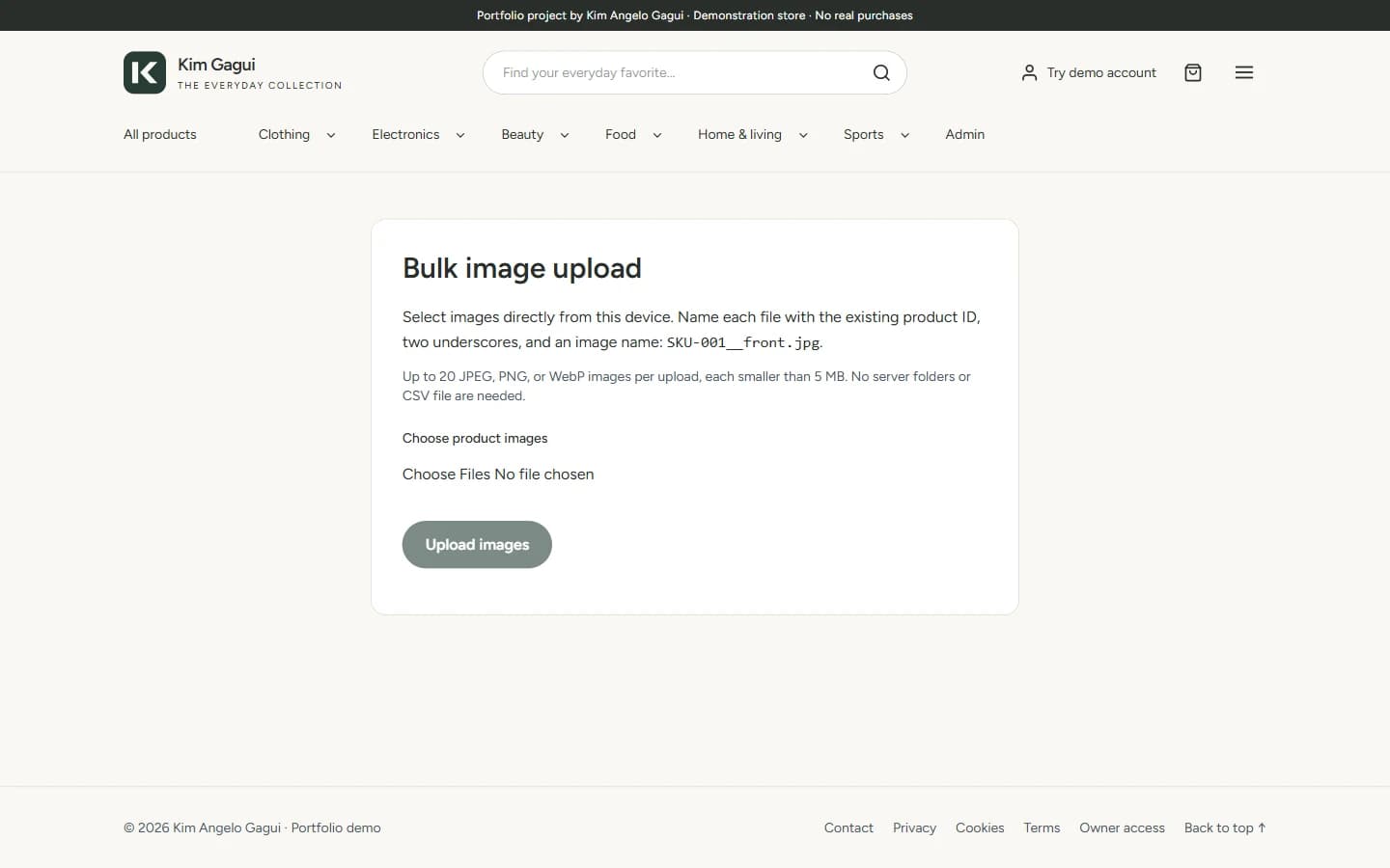 E-commerce Store & Admin: Bulk image upload associates images with products through product IDs.