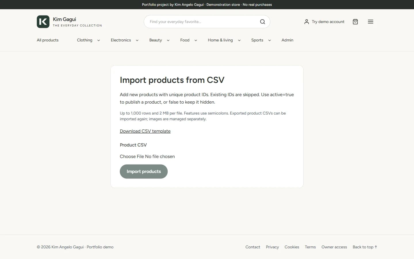 E-commerce Store & Admin: CSV product import with fields for adding catalog records in bulk.