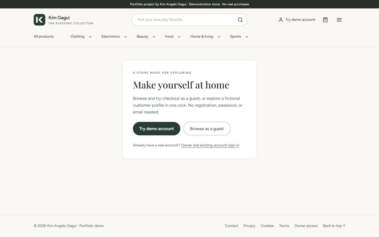 E-commerce Store & Admin: Visitors can explore a demo profile or browse as a guest without registering.