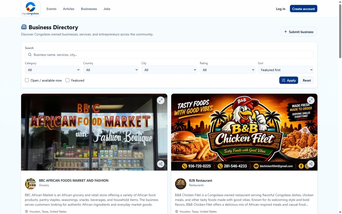 My Congolese: The business directory makes community businesses discoverable.