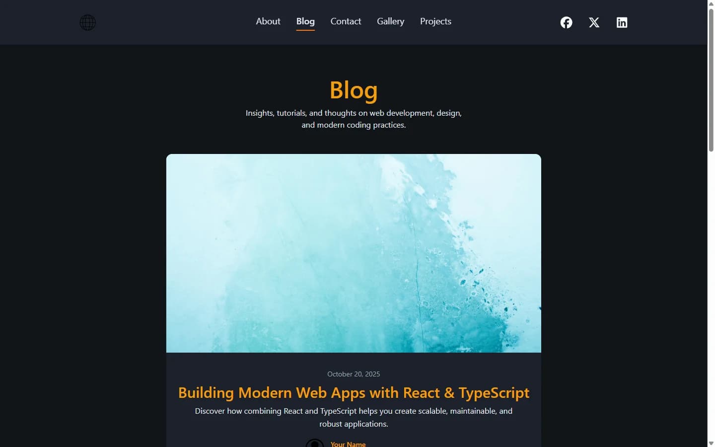 React Portfolio Template: Article previews arranged in the blog index.
