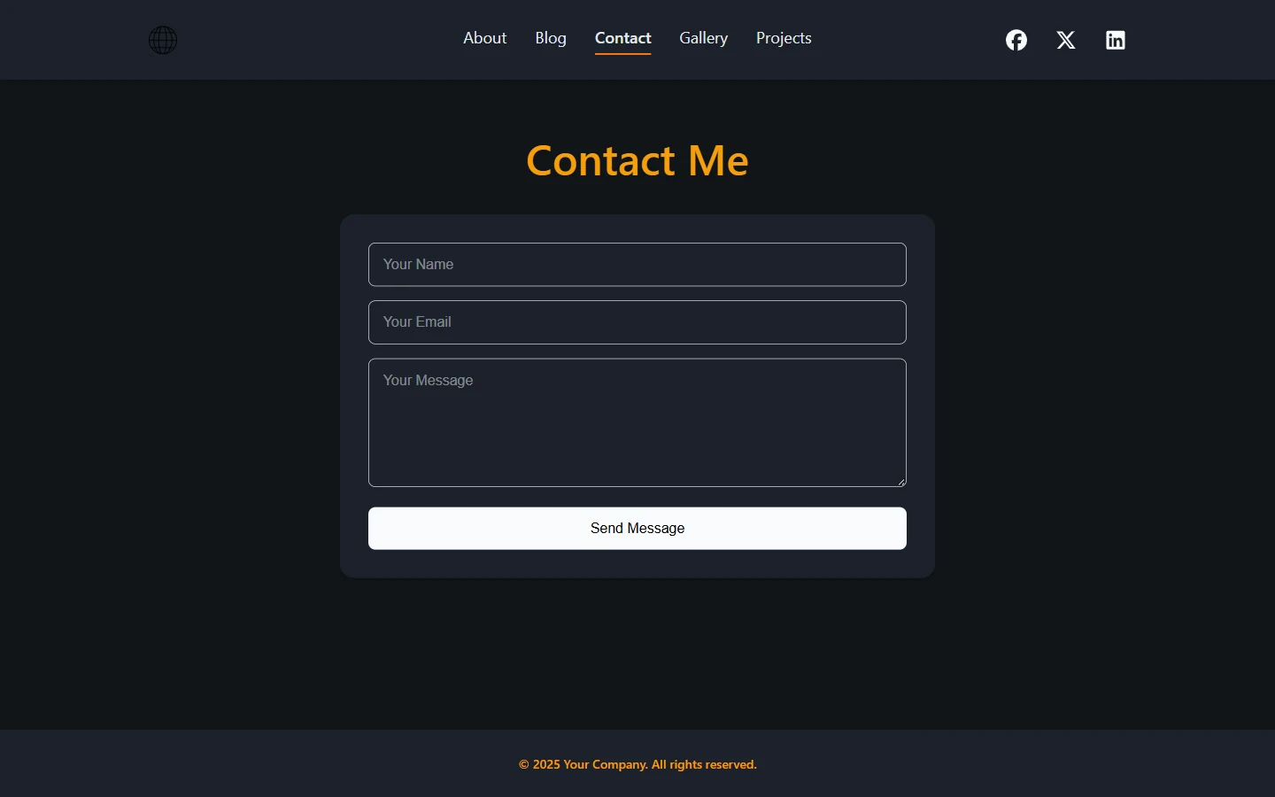 React Portfolio Template: The template contact page with a form interface and simulated submission.